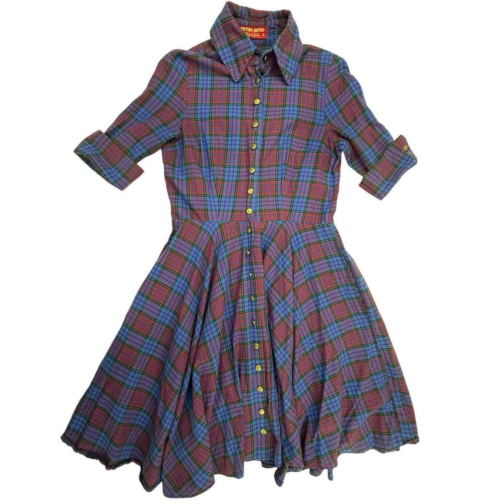 British Retro Way Out West Mulberry Tartan 50s Swing Dress US 6 UK 10 Rockabilly